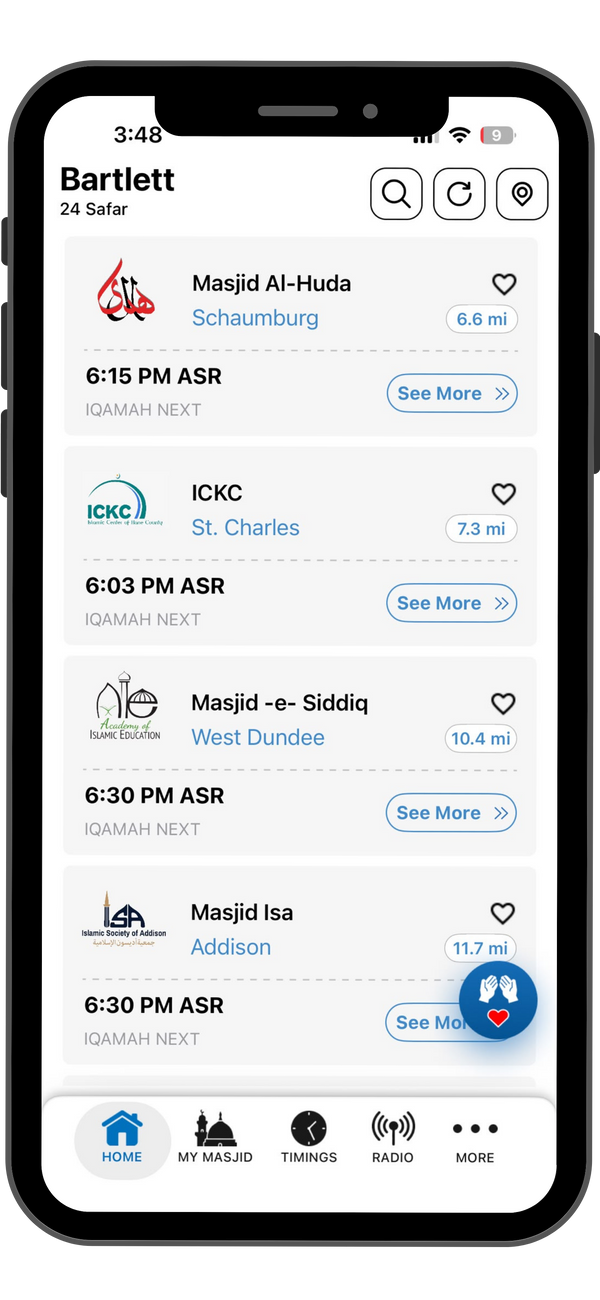 Every nearby masjid, one tap away.