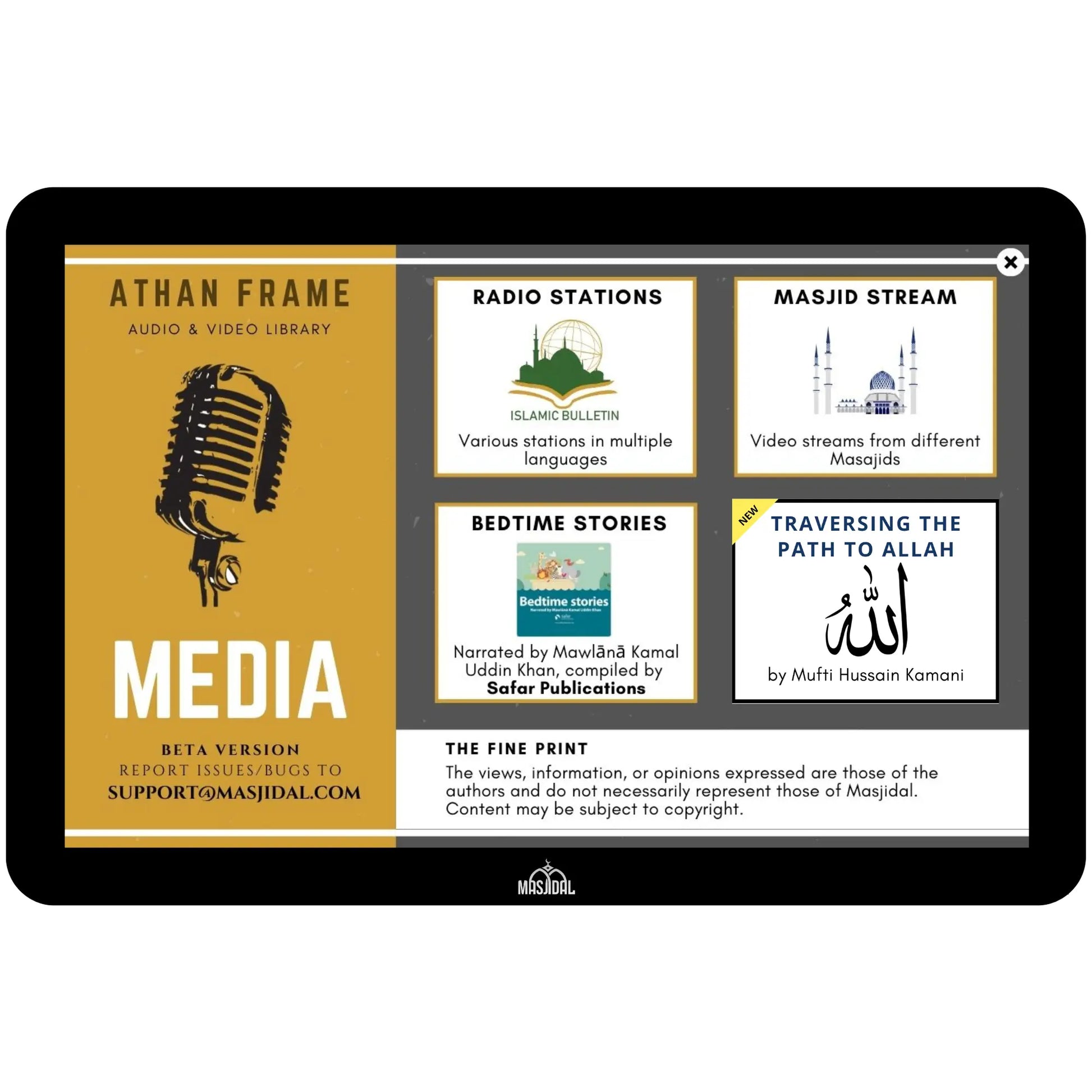 My Adhan Clock media screen displaying Islamic radio, kids’ bedtime stories, and faith-based audio content for families