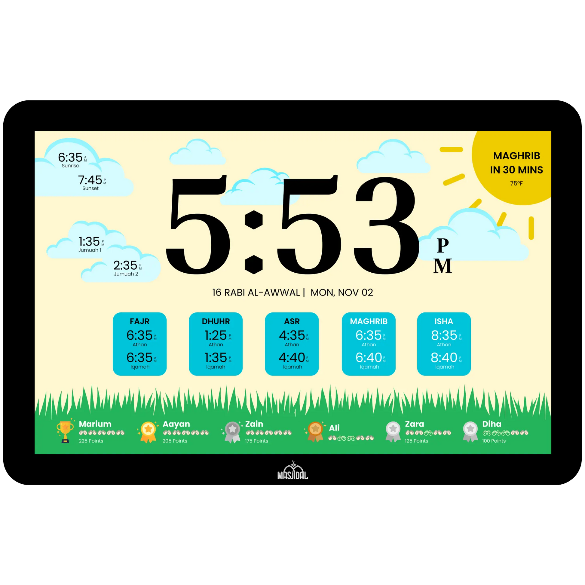 My Adhan Clock in children’s mode displaying colorful prayer visuals designed to engage young kids with Islamic teachings